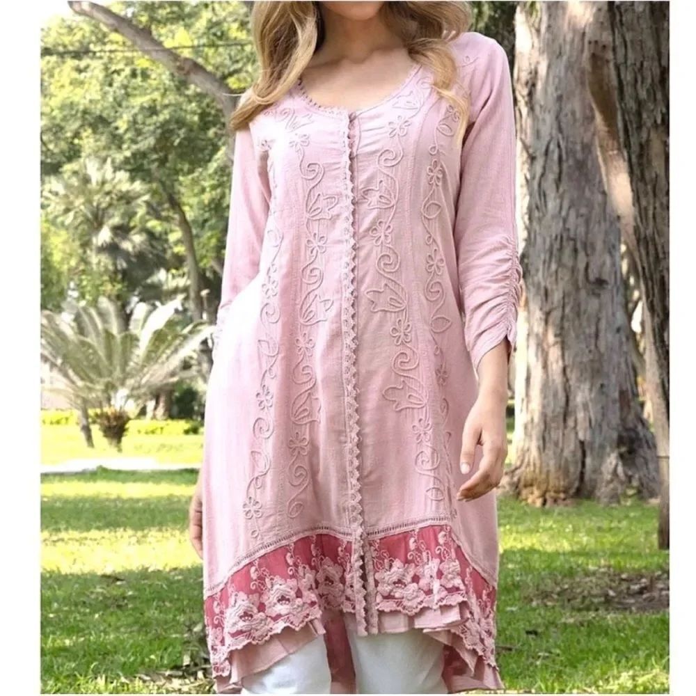 Soft Surroundings Genevieve Embroidered Lace Button Down Dress Pink Boho PL